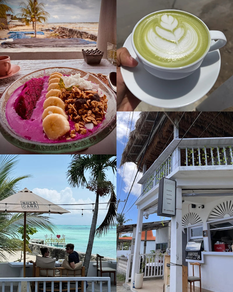 A four-panel collage showing a tropical Amore cafe in Nusa Ceningan: a colourful smoothie bowl with banana slices and granola, a hand holding a cup of green matcha latte with heart-shaped foam art, an outdoor beach seating area with ocean views, and the exterior of a white beach cafe building.