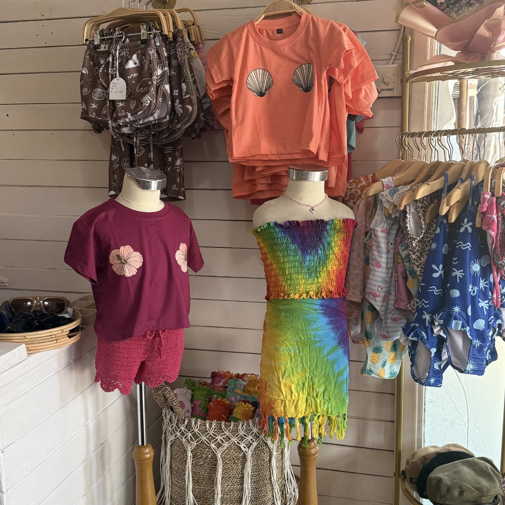 Clothing items for sale inside Anak Shack, Nusa Lembongan
