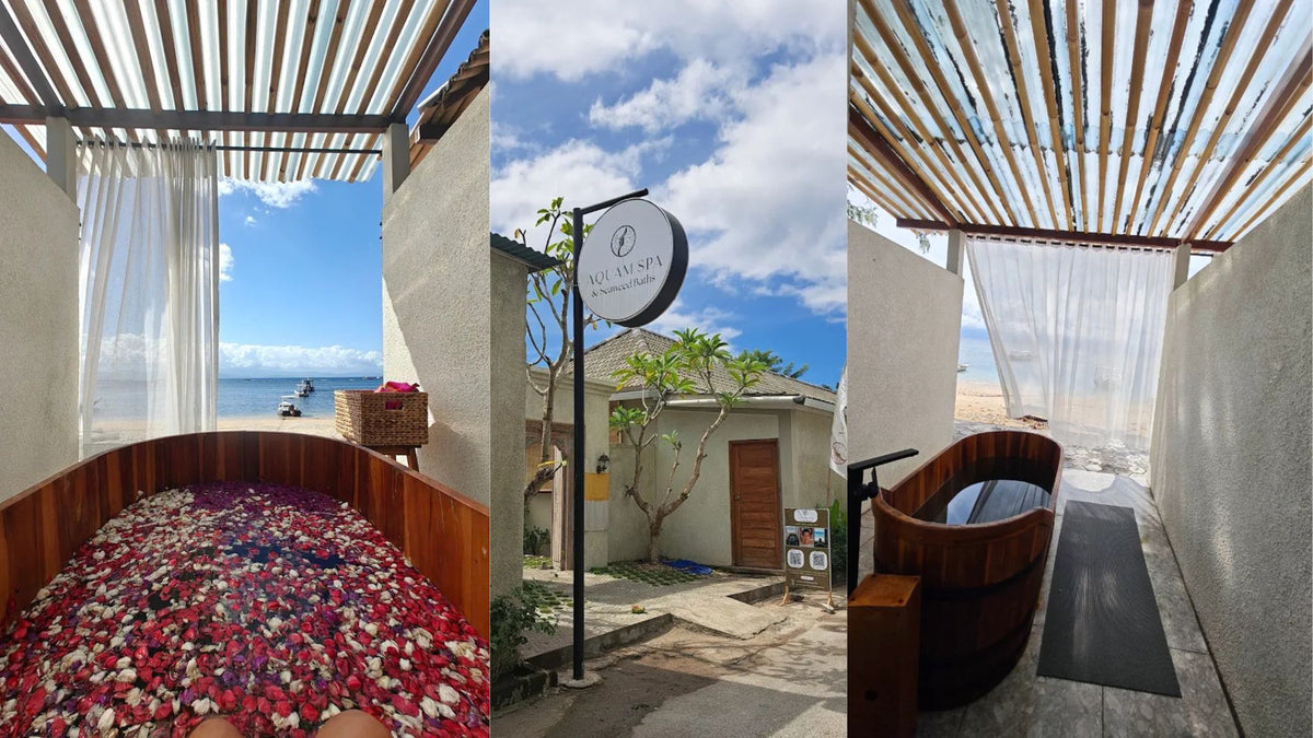 A three-panel collage showcasing Aquam Spa and seaweed bath experience. The left panel shows a wooden hot spring (onsen) filled with red, pink, and white pebbles under a wooden pergola with a view of the ocean.