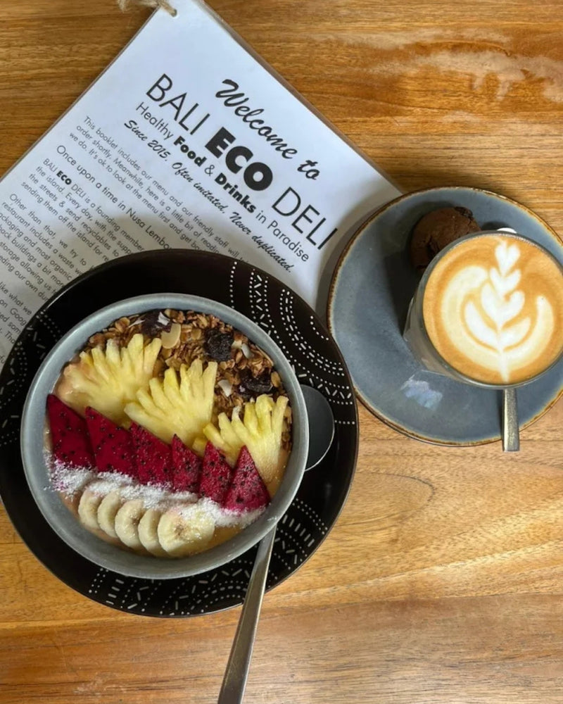 Fruit Bowl and hot latte served at Eco Deli, Nusa Lembongan