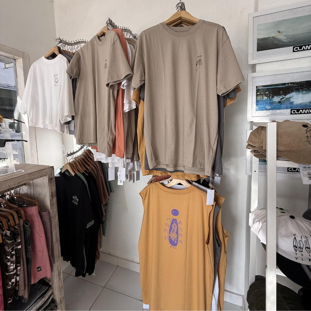 Surf T-Shirts for sale in Clam Clothing , Jungut Batu Beach, Nusa Lembongan