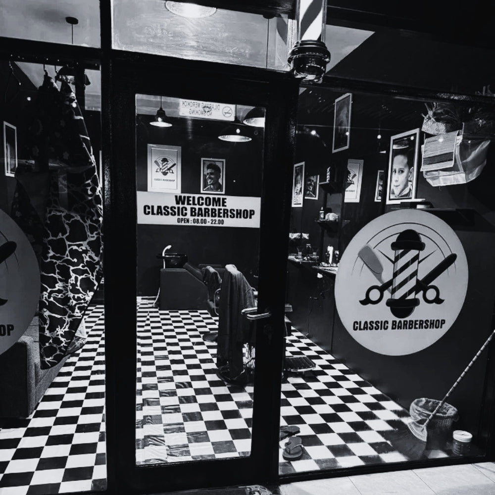 A shot of the front door of The Classic Barber Shop in Mushroom Bay, Nusa Lembongan