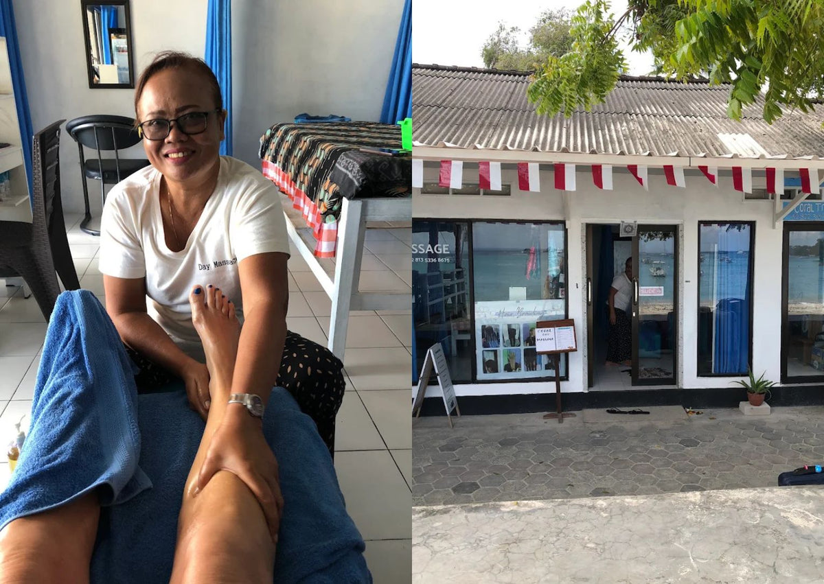 A split-screen photo showing a woman receiving a foot massage in a salon, with the left side close-up on her leg and foot and the right side showing the exterior of the massage spa.