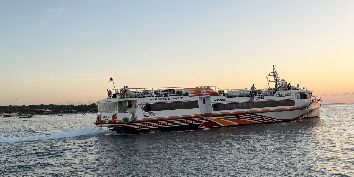 D'Camel ALX boat with red and orange stripes travels across the water during sunset, leaving a white wake behind it.