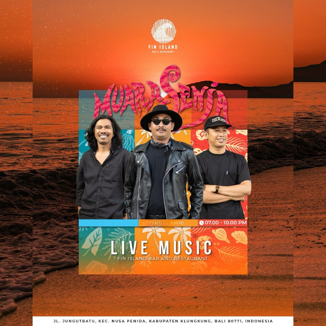Promotional poster for a live music band performing at Fin Island Bar & Restaurant, in Nusa Lembongan featuring three men standing in front of a stylised orange sunset seascape. 