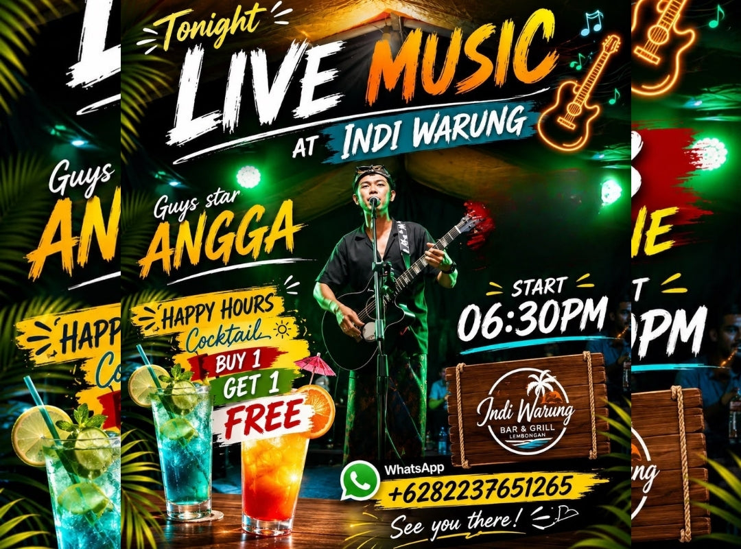 A vibrant promotional flyer for a live music event at Indi Warung. The design features a central photo of a male musician playing an acoustic guitar on stage, surrounded by bold text like 'Tonight LIVE MUSIC AT INDI WARUNG', cocktail graphics, a wooden sign for 'Indi Warung Bar & Chill', and contact information including a WhatsApp number.