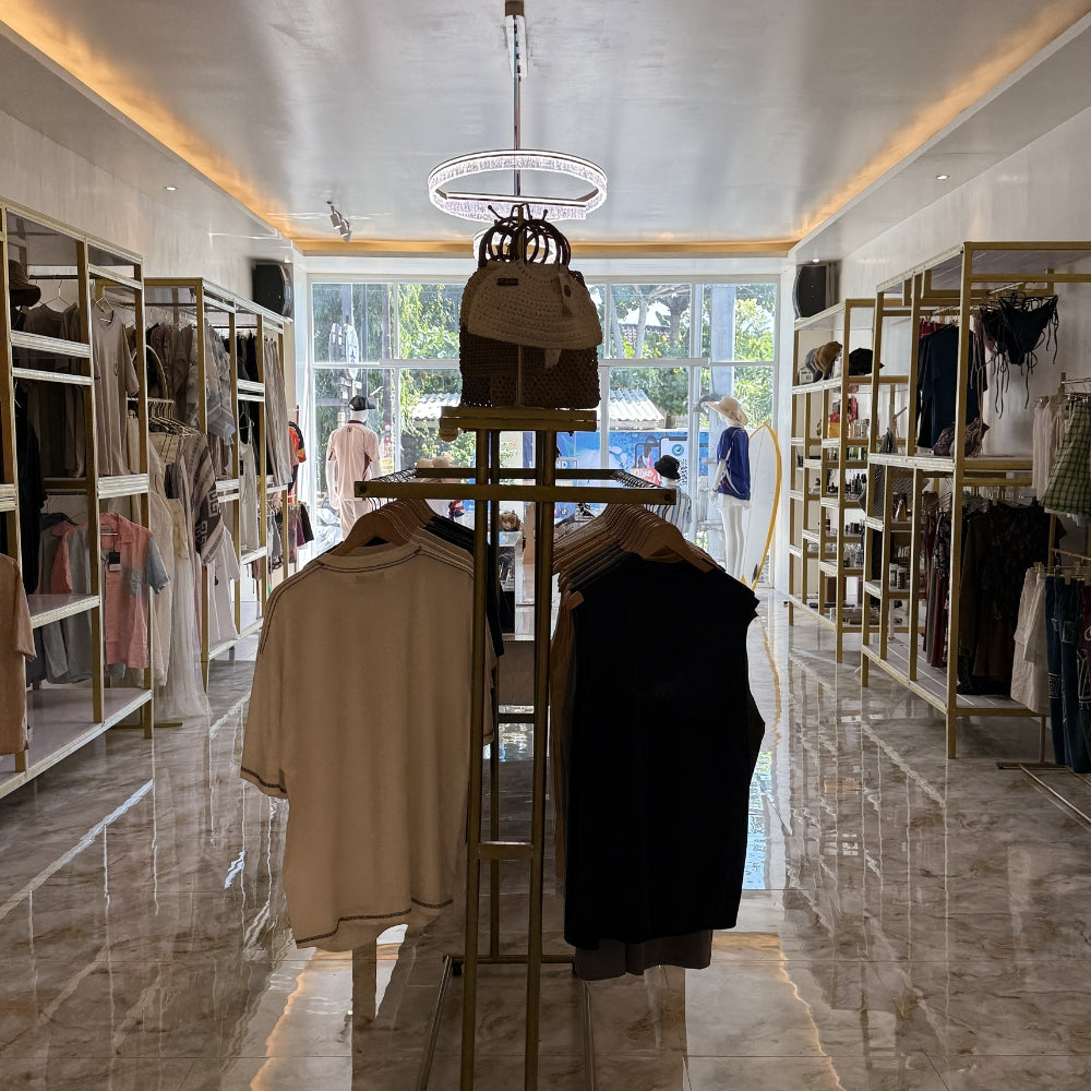 Island Look Clothing store interior with racks of clothes and a display area, located in Nusa Lembongan