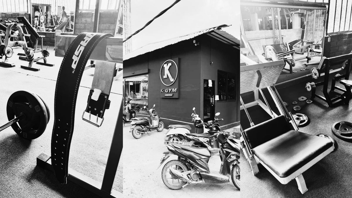 A black and white collage showing gym equipment and a gym exterior with parked motorcycles. The collage includes close-ups of a weight bench, a barbell rack, a seated exercise machine, and a building sign reading K-GYM Lembongan