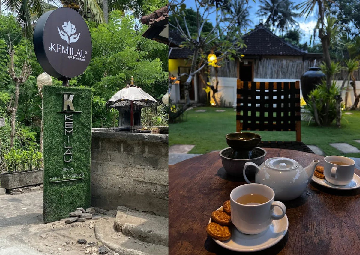 A split-screen view showing the entrance sign of Kemilau Wellness Spa in Nusa Lembongan on the left, and a relaxing tea time setup on a wooden table with a teapot and cups in a resort garden on the right.