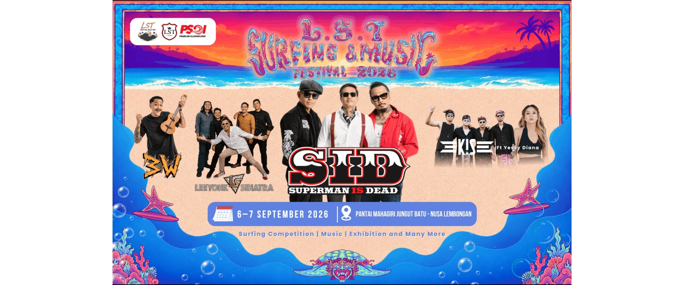 Promotional graphic for a music festival with performers and dates on a colorful background for the LST Surfing and Music Festival , Nusa Lembongan September 2026