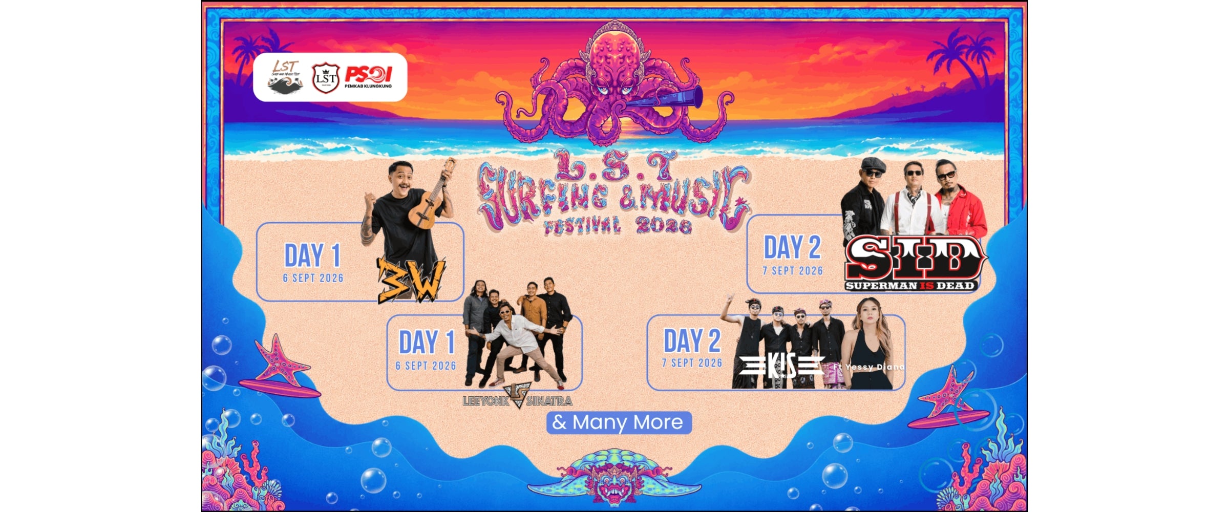 Promotional graphic for a music festival with performers and dates on a colorful background for the LST Surfing and Music Festival , Nusa Lembongan September 2026