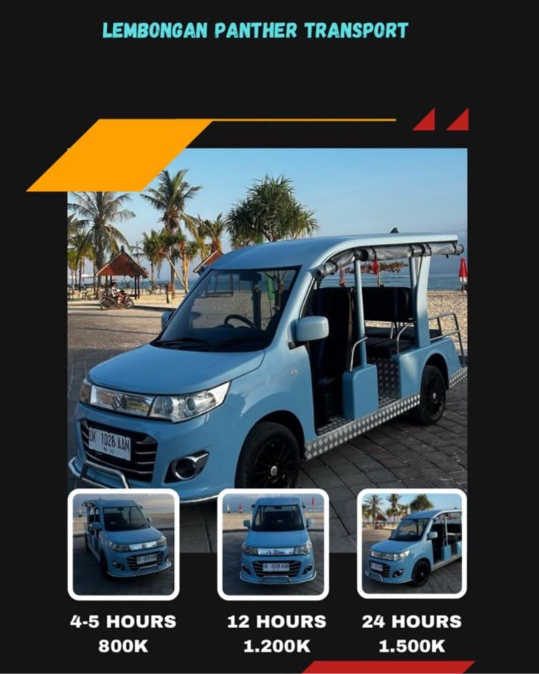 A light blue custom-built electric vehicle with an open side canopy, shown parked outdoors near a beach with palm trees. The image includes text reading 'LEMBONGAN PANTHER TRANSPORT' at the top and three smaller inset photos at the bottom showing different mileage/usage options with labels '4-5 HOURS 800K', '12 HOURS 1.