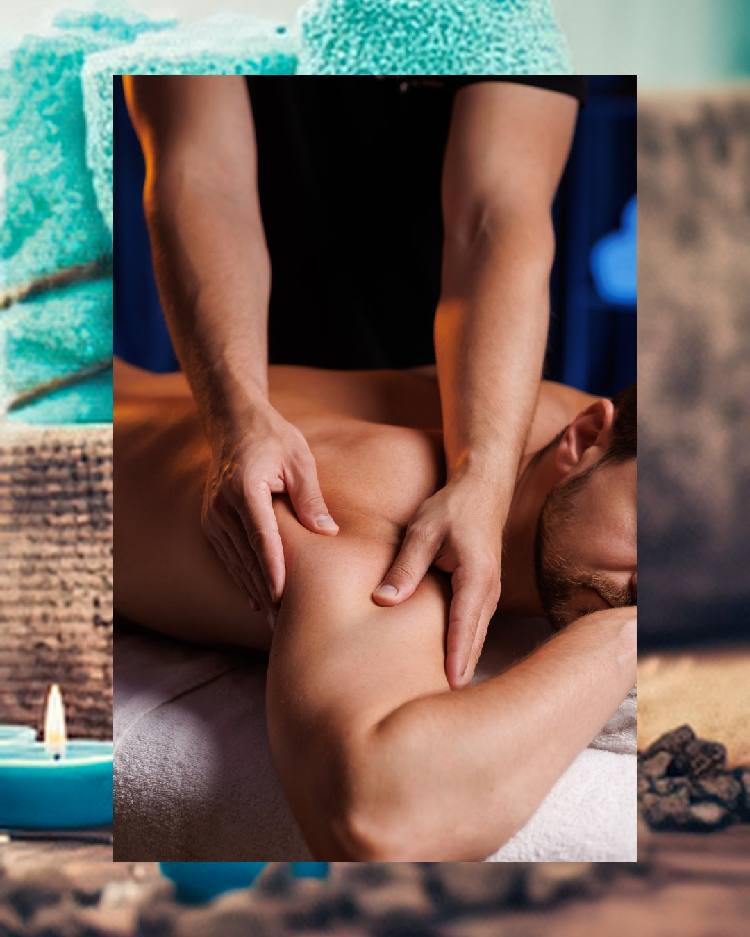 A close-up lifestyle shot of a man receiving a shoulder massage, with a therapist's hands applying pressure to his upper shoulder. The scene is framed with spa-themed decorative borders showing a teal towel, a lit candle, and spa stones.