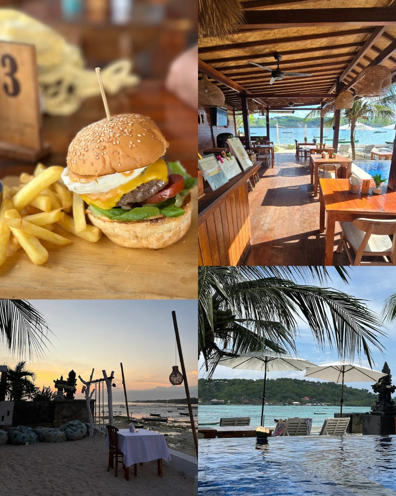 A four-panel collage showing Mista Ceningans beachside restaurant experience: a close-up of a burger with fries, the interior of the restaurant with ocean views, a sunset beach scene, and an infinity pool with palm trees.