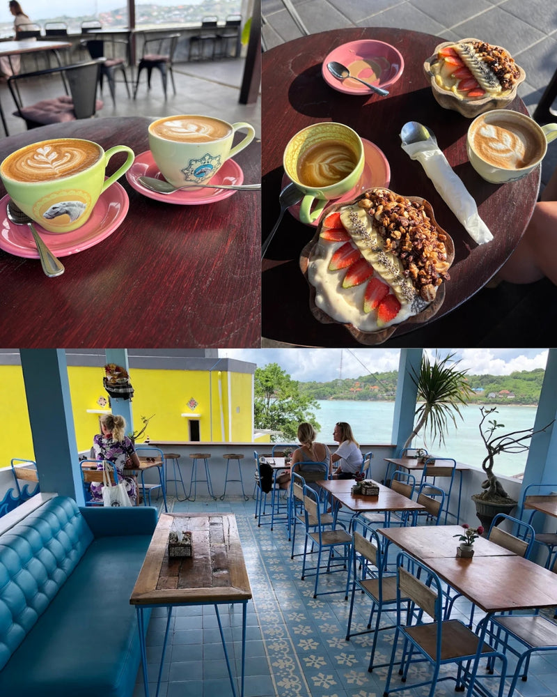 A three-panel collage showing Next Level cafe in Nusa Ceiningan. scene: two close-up views of colourful coffee cups and desserts on a table, and a wide view of the cafe interior with blue seating, tables, and an ocean view.