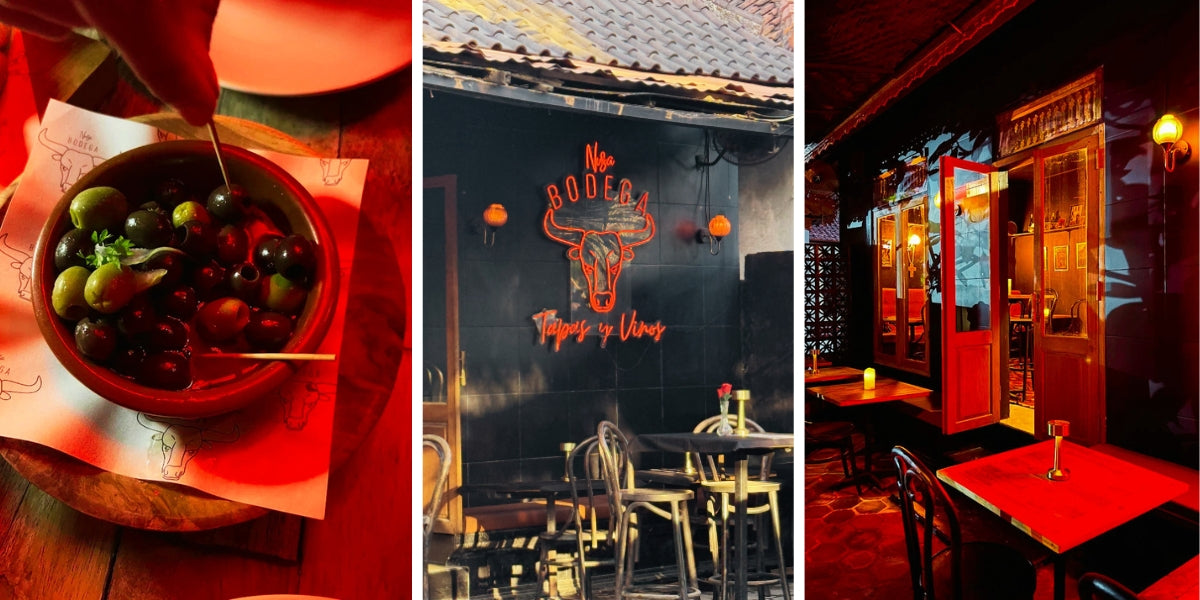 Three images: a close-up of a dish with olives, a restaurant interior with 'Nusa Bodega' sign, and another restaurant interior.