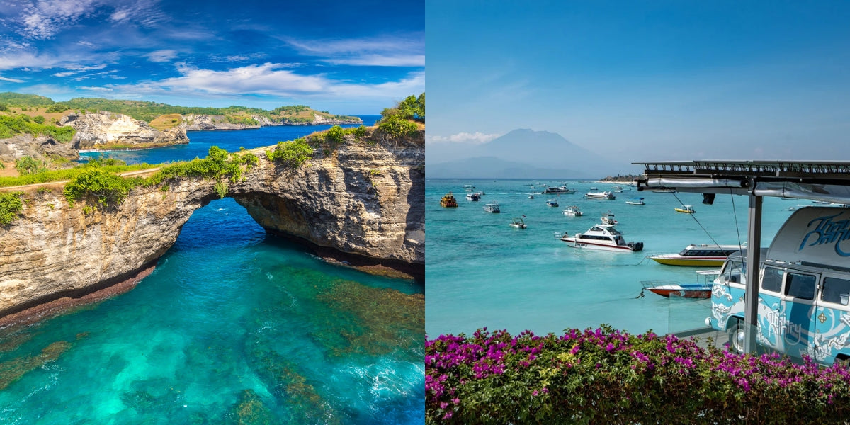 A split-screen travel scene showing a dramatic natural rock arch over turquoise water on the left, and a tropical harbor with boats, blue water, distant mountains, and a white van in the foreground on the right at Thai Pantry Restaurant in Nusa Lembongan