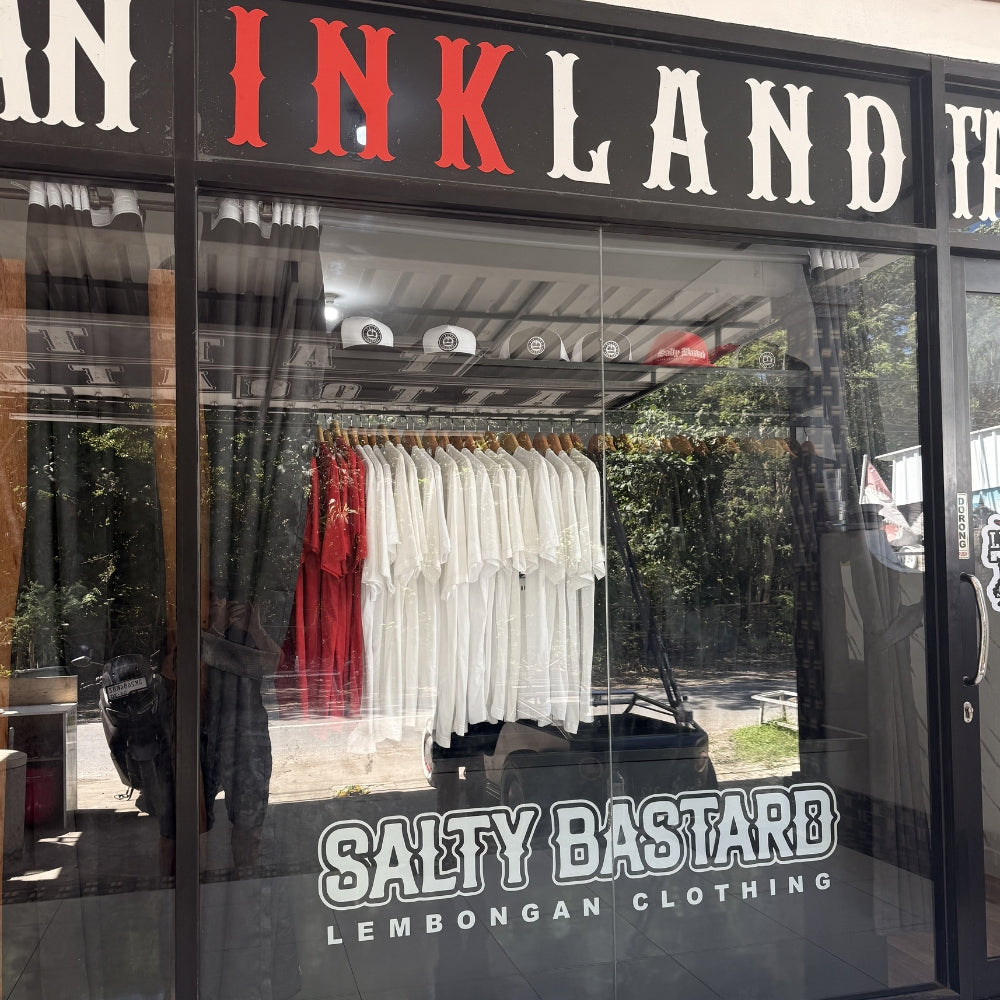 Salty Bastard merchandise in window of Lembongan Ink Land, Jungut Batu, Nusa Lembongan