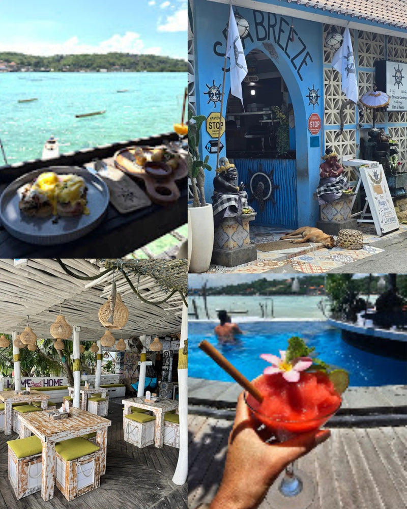A four-panel collage showcasing Seabreeze Cafe in Nusa Ceningan. experience: a close-up of a plated breakfast with eggs and toast, the blue 'Sea Breeze' restaurant exterior, an outdoor dining area under a thatched roof, and a hand holding a pink tropical cocktail in a glass poolside.
