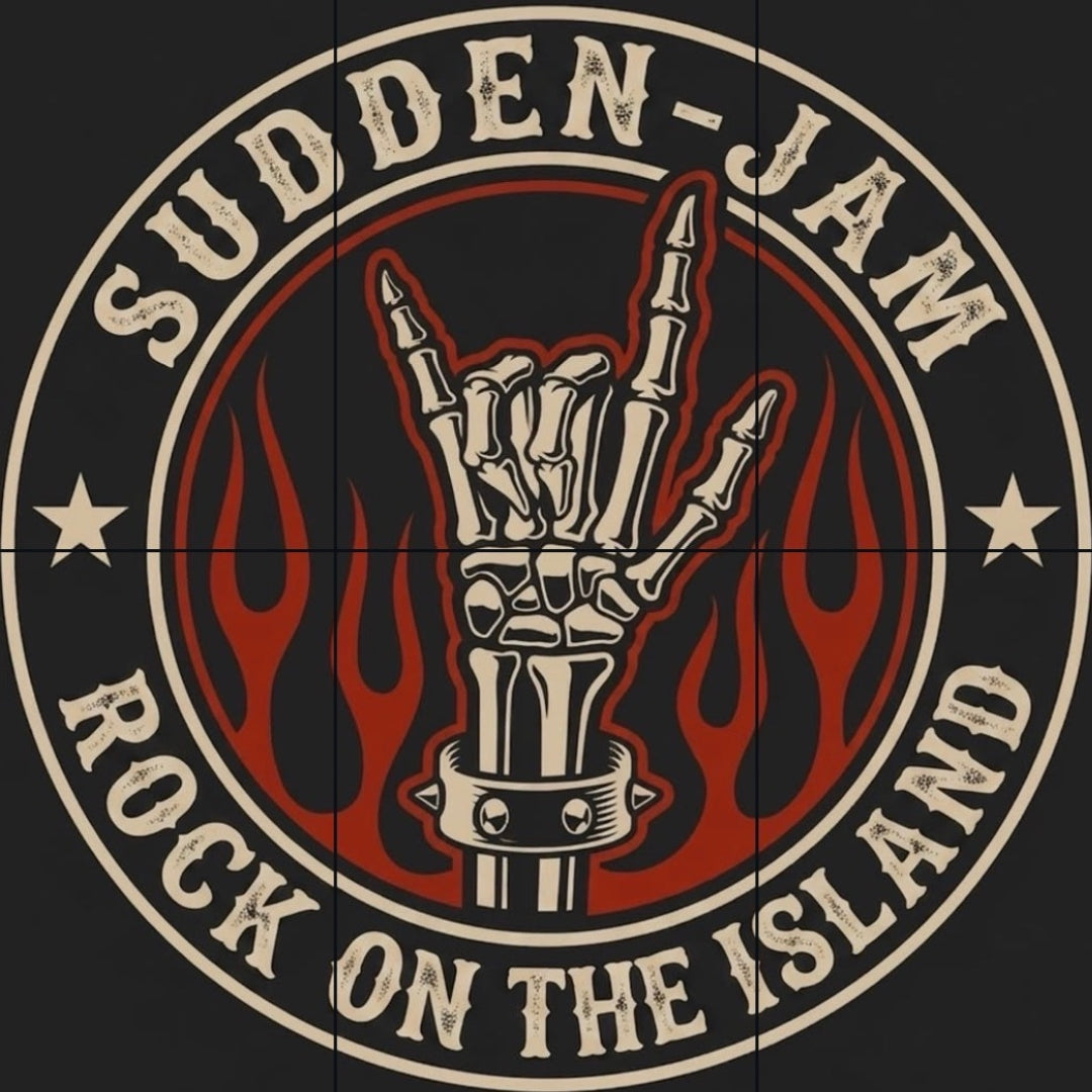 Circular graphic logo with the words 'SUDDEN-JAM ROCK ON THE ISLAND' around a skeletal hand making a rock-on-sign gesture, with red flames on a dark background.