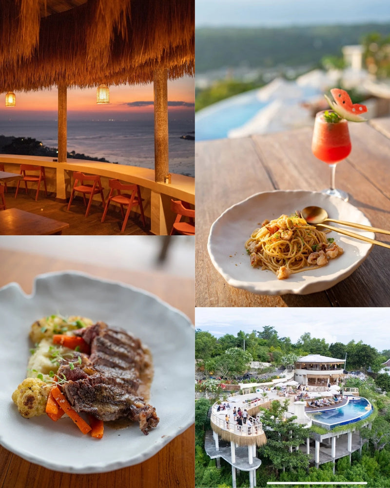 A four-panel collage showing food served at The View restaurant in Nusa Ceningan. experience: an ocean-view dining terrace at sunset, a cocktail on a wooden table with a plate of pasta, a plated steak dish, and an aerial view of a resort with pools and lounge areas.