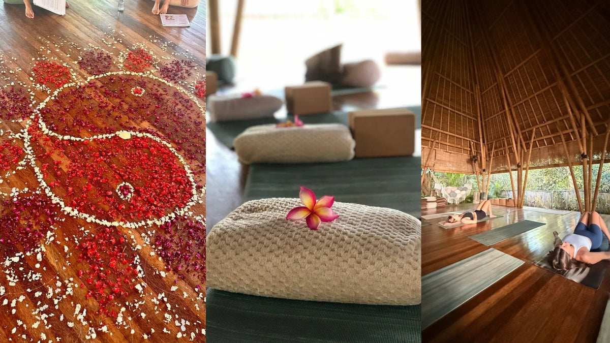 A three-panel collage showing a spa or wellness setting: a flower-and-stone arrangement on a wooden floor, a cushion with a pink flower in the foreground, and people lying on yoga mats inside a thatched-roof indoor space.