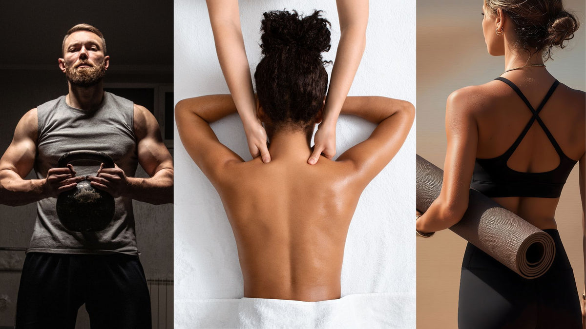 A three-panel lifestyle collage showing fitness and spa scenes: a muscular man holding a kettlebell, a person receiving a back massage, and a woman from behind wearing a black sports bra while holding a rolled yoga mat.