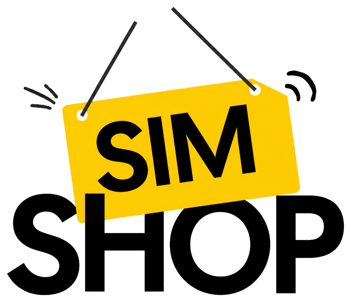 A yellow hanging price tag graphic with the text 'SIM SHOP' in large black letters on a plain white background, promo picture for The Sim Shop e-Sim.